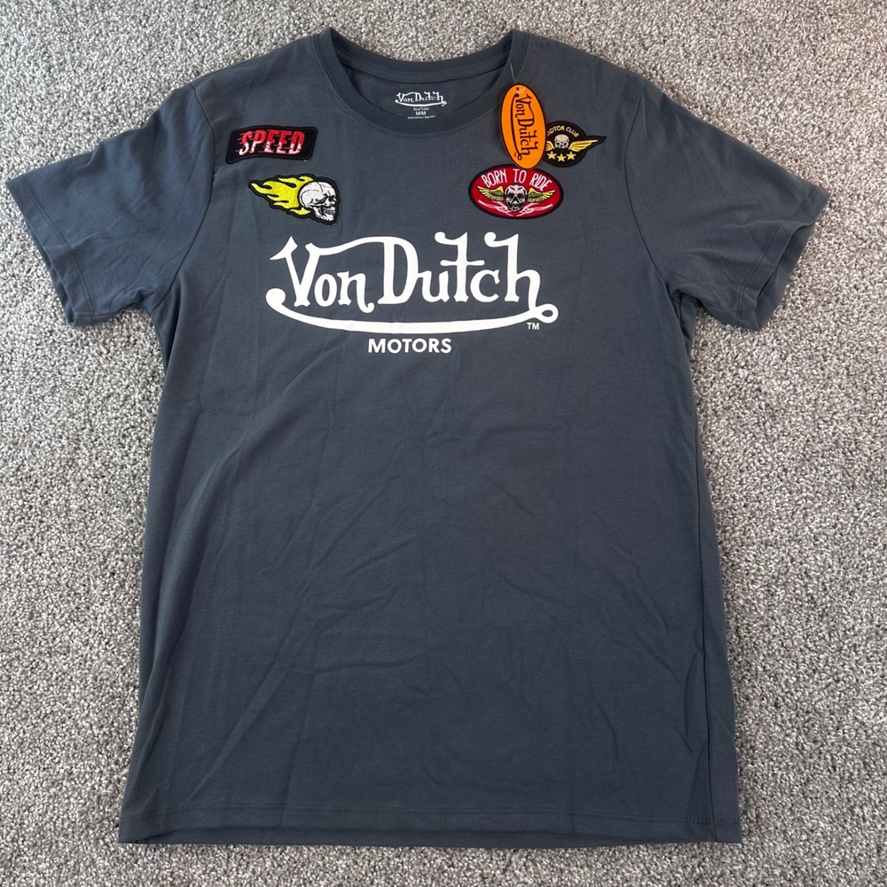 Von Dutch Motors T-Shirt Mens Medium Gray Flying Eyeball Biker Graphic Tee NaeW